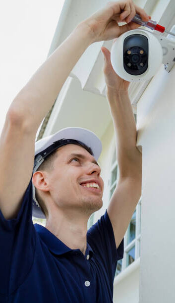 A technician installs a CCTV camera on the facade of a residential building A technician installs a CCTV camera on the facade of a residential building