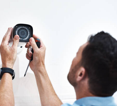 Shot of a mature man installing a security camera on a building Shot of a mature man installing a security camera on a building