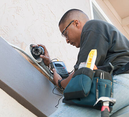 c5 A technician uses a monitor to adjust a security camera while installing the system to the exterior of a building.