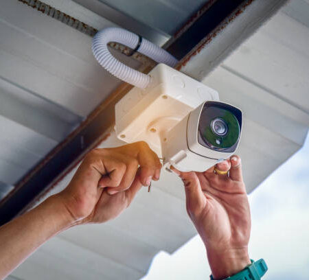 Technician installing CCTV camera for security Technician installing CCTV camera for security