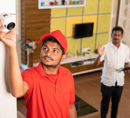c8 Technician fixing angle or view of cctv camera by while customer checking in digital tablet at home - concept of professional occupation, employment and surveillance.
