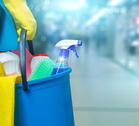 Cleaning lady with a bucket and cleaning products on blurred background . Cleaning lady with a bucket and cleaning products on blurred background .