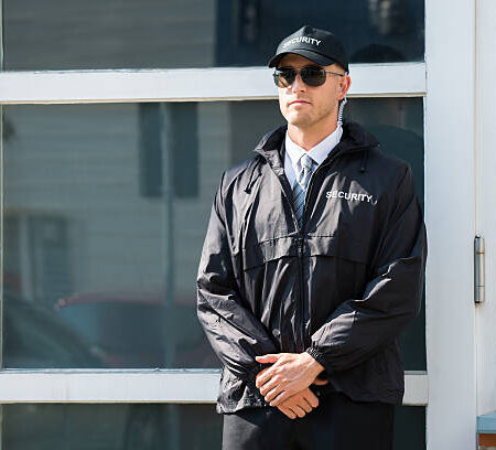Young Male Security Guard Standing At The Entrance Young Male Security Guard Standing At The Entrance