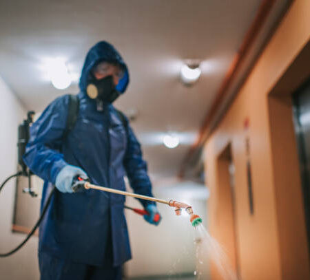p7 One woman in protective suit spraying the house and disinfecting the corridor exterminator pest control virus